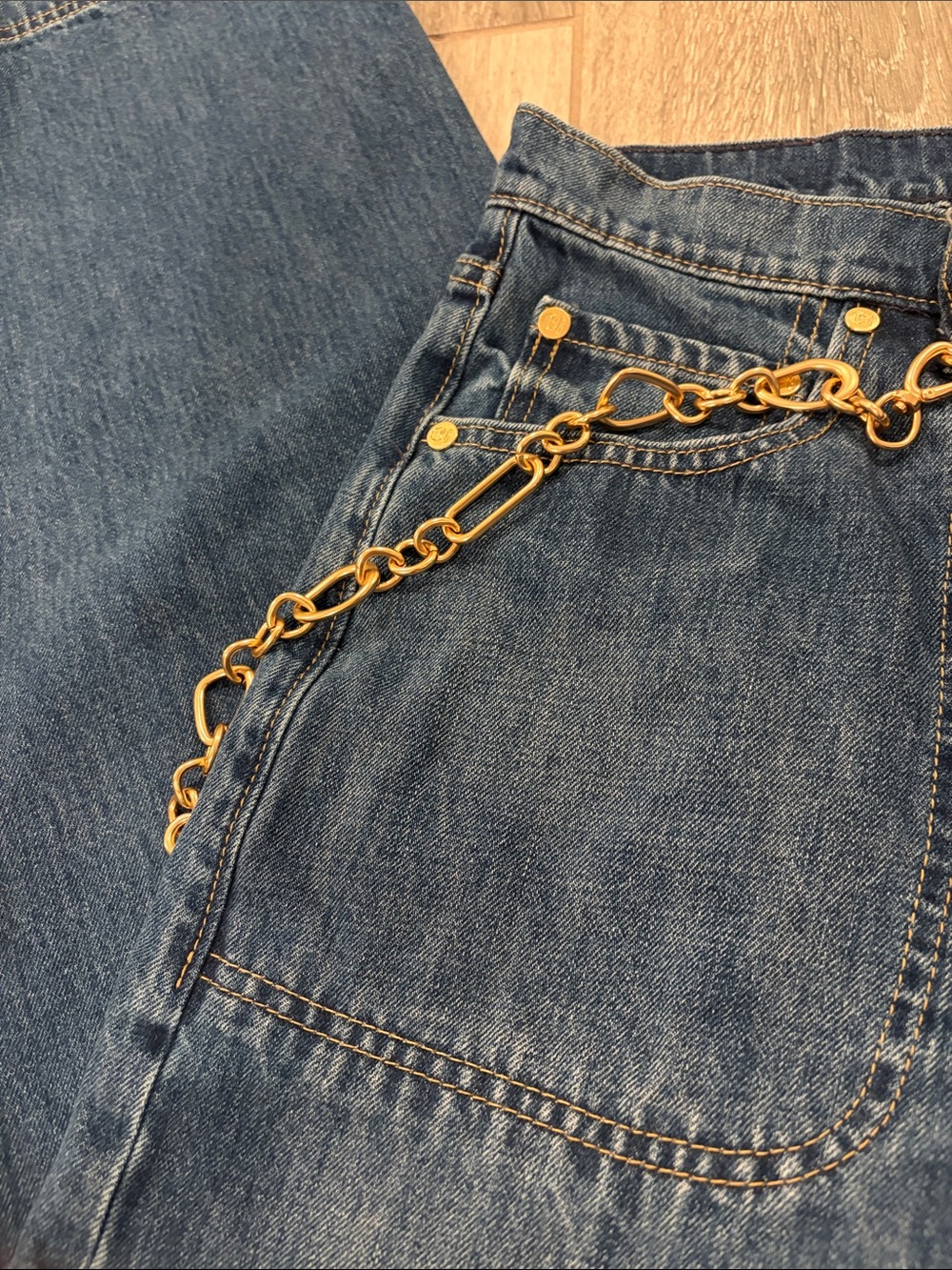 Gap x Cult Gaia High Rise Stride Chain Jeans Medium Indigo Size 14R w/Chain - Picture 6 of 7